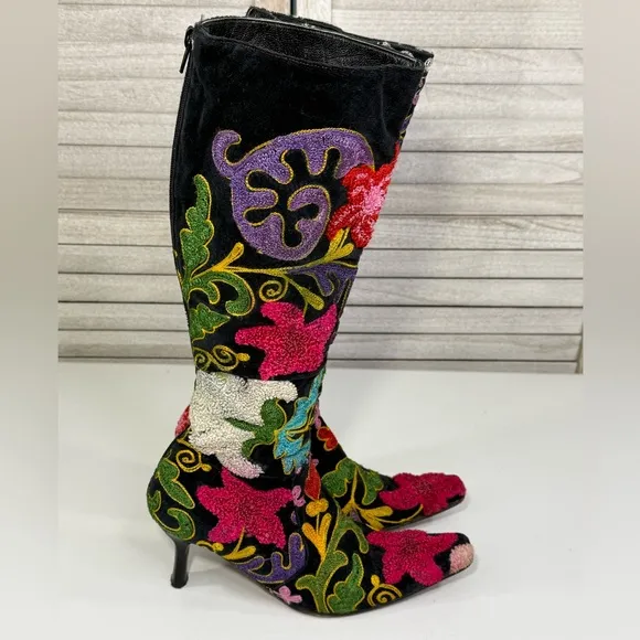 EPOCHE Vintage Velvet Floral Embroidered Boho Women's Knee High Boots-37
