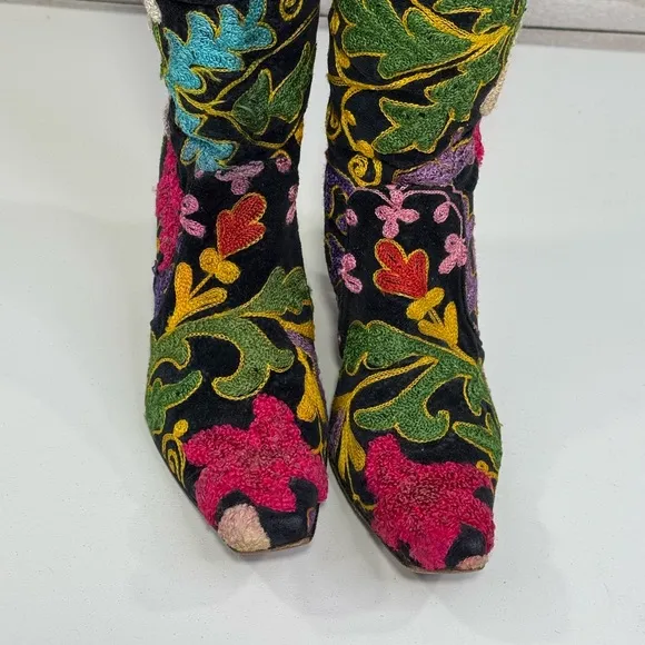 EPOCHE Vintage Velvet Floral Embroidered Boho Women's Knee High Boots-37