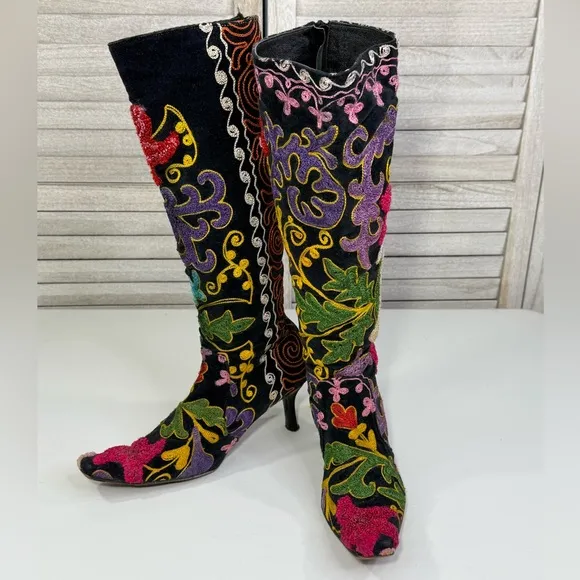 EPOCHE Vintage Velvet Floral Embroidered Boho Women's Knee High Boots-37