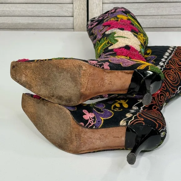 EPOCHE Vintage Velvet Floral Embroidered Boho Women's Knee High Boots-37