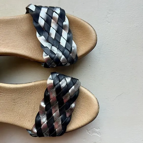 Eric Michael Rachel Black &amp; Metallic Silver Sandals &amp; Faux Wood Size EU 37 US 7