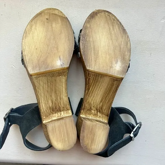 Eric Michael Rachel Black &amp; Metallic Silver Sandals &amp; Faux Wood Size EU 37 US 7