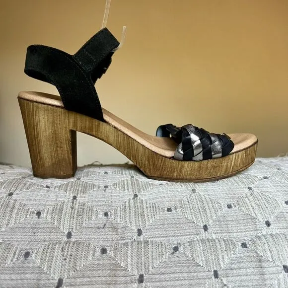 Eric Michael Rachel Black &amp; Metallic Silver Sandals &amp; Faux Wood Size EU 37 US 7