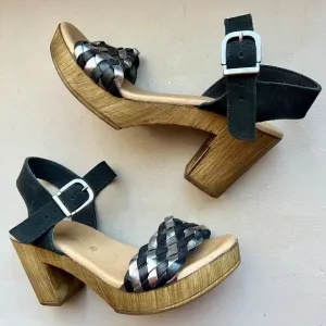 Eric Michael Rachel Black &amp; Metallic Silver Sandals &amp; Faux Wood Size EU 37 US 7