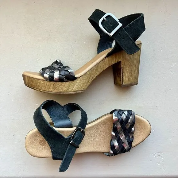 Eric Michael Rachel Black &amp; Metallic Silver Sandals &amp; Faux Wood Size EU 37 US 7