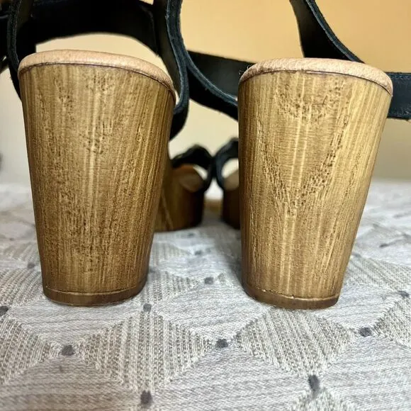 Eric Michael Rachel Black &amp; Metallic Silver Sandals &amp; Faux Wood Size EU 37 US 7