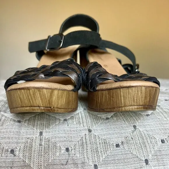 Eric Michael Rachel Black &amp; Metallic Silver Sandals &amp; Faux Wood Size EU 37 US 7