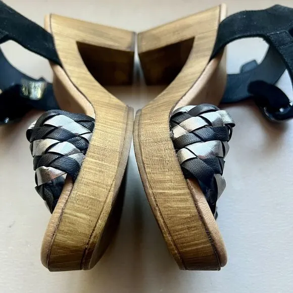 Eric Michael Rachel Black &amp; Metallic Silver Sandals &amp; Faux Wood Size EU 37 US 7