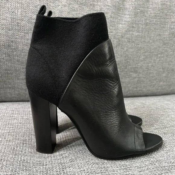 EUC Vince Aren Open Toe Black Leather &amp; Wool Heeled Boots | Block Heel Booties 8