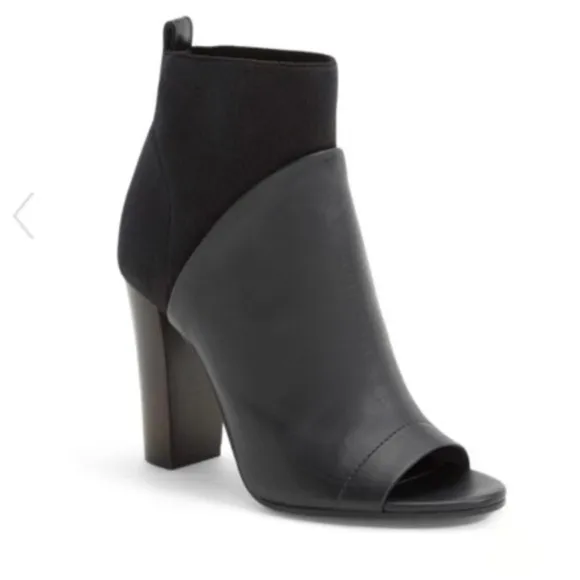 EUC Vince Aren Open Toe Black Leather &amp; Wool Heeled Boots | Block Heel Booties 8