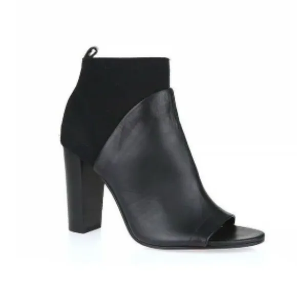 EUC Vince Aren Open Toe Black Leather &amp; Wool Heeled Boots | Block Heel Booties 8