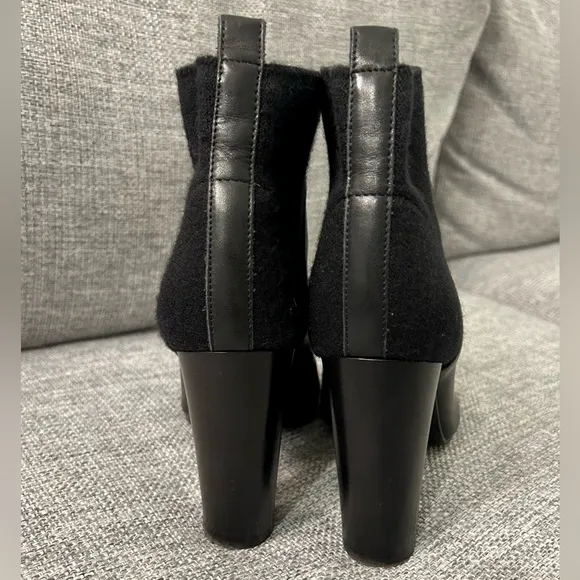 EUC Vince Aren Open Toe Black Leather &amp; Wool Heeled Boots | Block Heel Booties 8