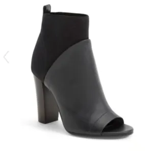 EUC Vince Aren Open Toe Black Leather &amp; Wool Heeled Boots | Block Heel Booties 8