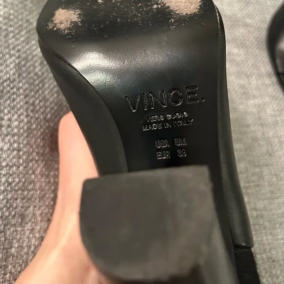 EUC Vince Aren Open Toe Black Leather &amp; Wool Heeled Boots | Block Heel Booties 8
