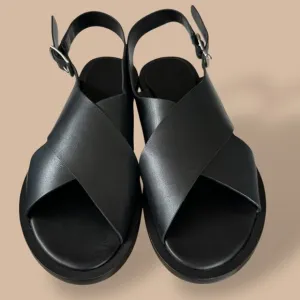 Everlane The City Crossover Sandal Black Leather Minimalist Career Womens Size 9