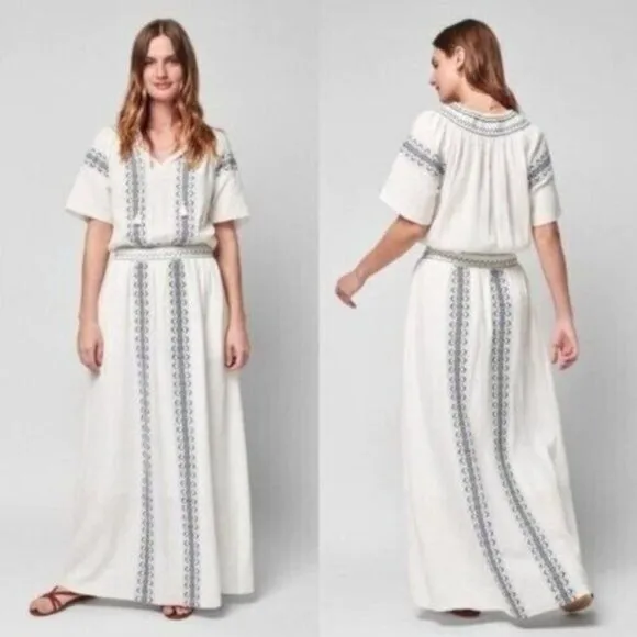 Faherty Maxi Dress S White Catrina Cotton Boho Gauze Embroidery Summer N…