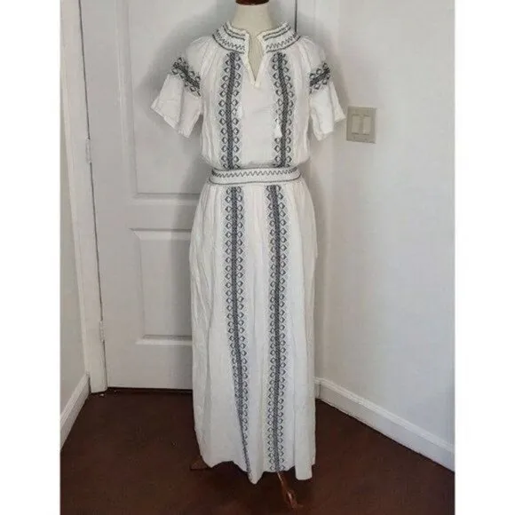 Faherty Maxi Dress S White Catrina Cotton Boho Gauze Embroidery Summer N…