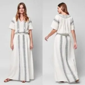 Faherty Maxi Dress S White Catrina Cotton Boho Gauze Embroidery Summer N…