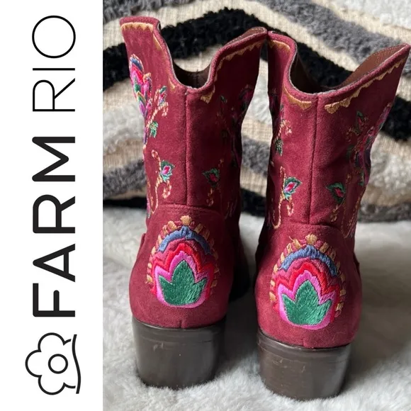 FARM RIO Marsala Boho EMBROIDERED Western ankle booties Size 7 US 36 EU