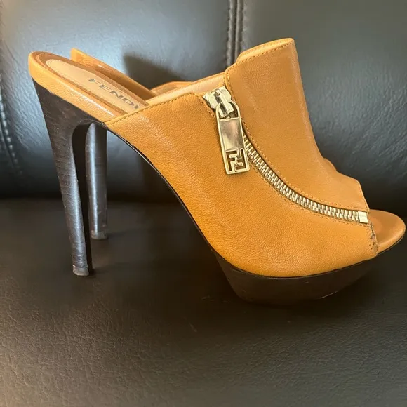 Fendi Tan Leather Mules with Stiletto Heels