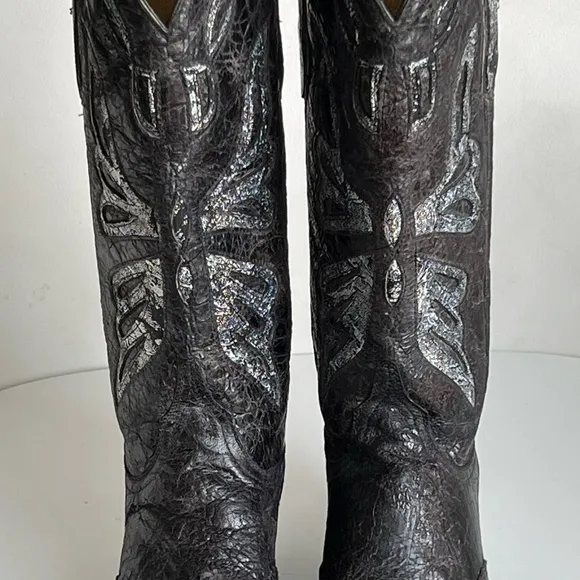 FERRINI Black Leather Boho Butterfly Inlay Glimmer Coastal Cowgirl Boots 8.5 B