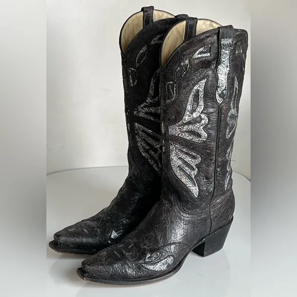 FERRINI Black Leather Boho Butterfly Inlay Glimmer Coastal Cowgirl Boots 8.5 B