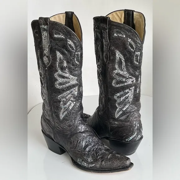 FERRINI Black Leather Boho Butterfly Inlay Glimmer Coastal Cowgirl Boots 8.5 B