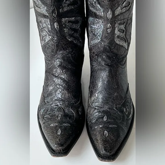 FERRINI Black Leather Boho Butterfly Inlay Glimmer Coastal Cowgirl Boots 8.5 B