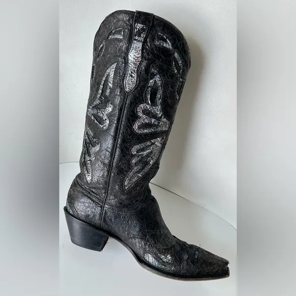 FERRINI Black Leather Boho Butterfly Inlay Glimmer Coastal Cowgirl Boots 8.5 B