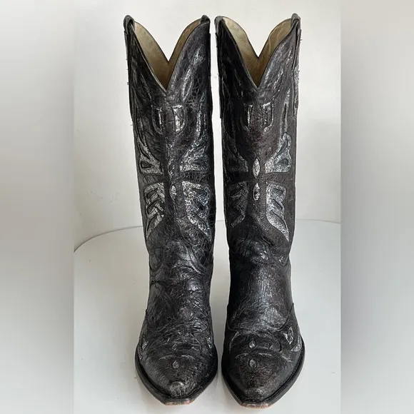 FERRINI Black Leather Boho Butterfly Inlay Glimmer Coastal Cowgirl Boots 8.5 B