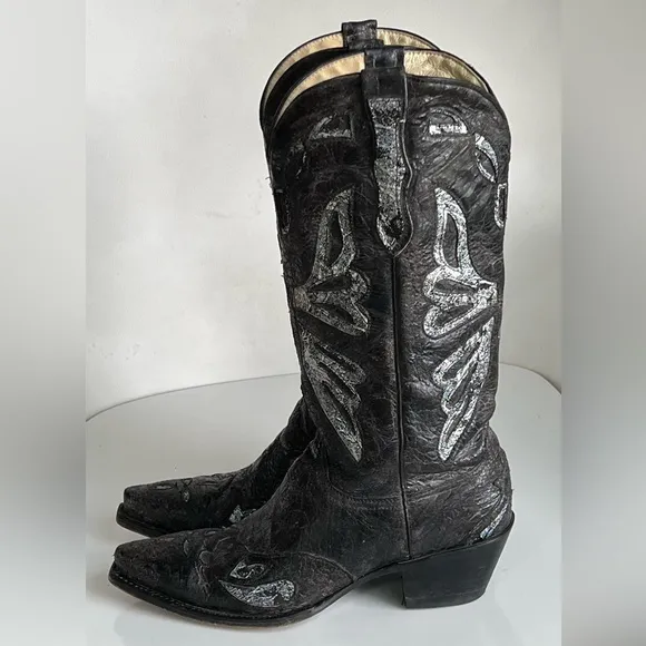 FERRINI Black Leather Boho Butterfly Inlay Glimmer Coastal Cowgirl Boots 8.5 B