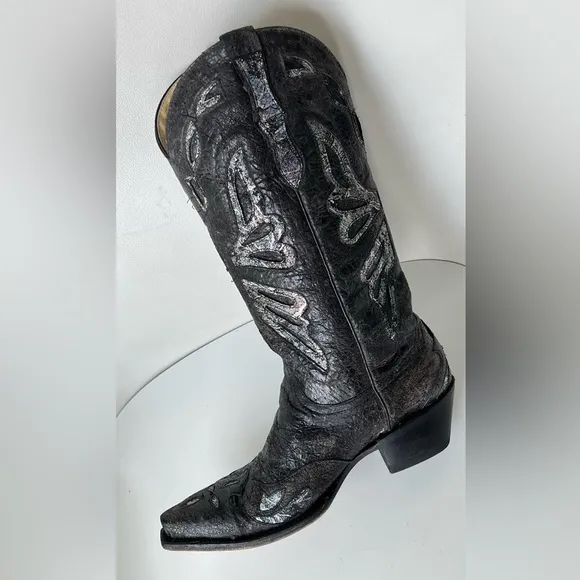 FERRINI Black Leather Boho Butterfly Inlay Glimmer Coastal Cowgirl Boots 8.5 B