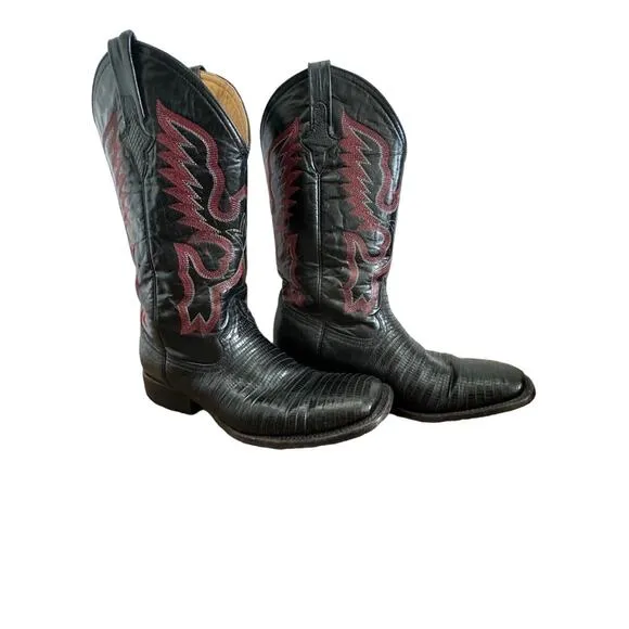 Ferrini Men's Teju Lizard skin black and red Cowboy Boots size 12 D