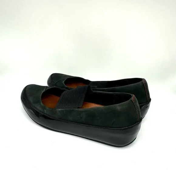 Fitflop Due Mary Jane Shoes Women's Black/Green Leather Ballet Flats Size 38.5