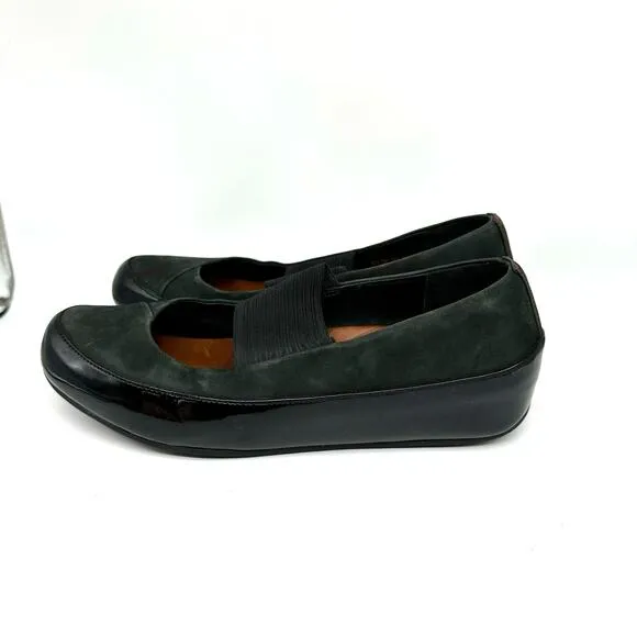 Fitflop Due Mary Jane Shoes Women's Black/Green Leather Ballet Flats Size 38.5