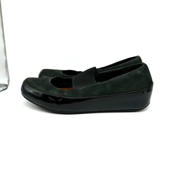 Fitflop Due Mary Jane Shoes Women's Black/Green Leather Ballet Flats Size 38.5