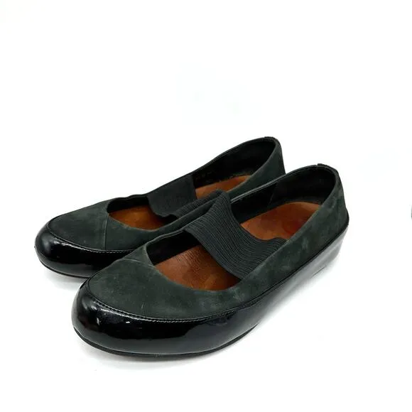 Fitflop Due Mary Jane Shoes Women's Black/Green Leather Ballet Flats Size 38.5