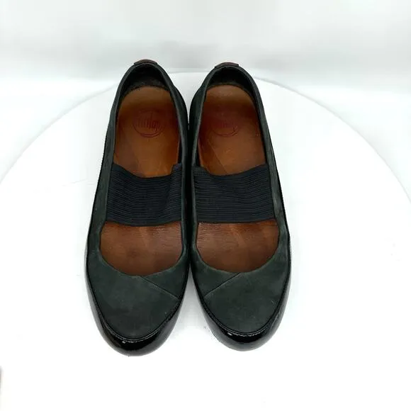 Fitflop Due Mary Jane Shoes Women's Black/Green Leather Ballet Flats Size 38.5