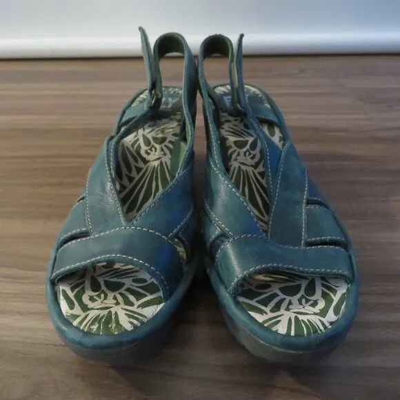 FLY LONDON Leather Yisa Wedge Sandals in Forest Green Sz US 6-6.5 / EU 38