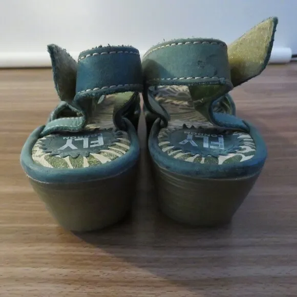 FLY LONDON Leather Yisa Wedge Sandals in Forest Green Sz US 6-6.5 / EU 38