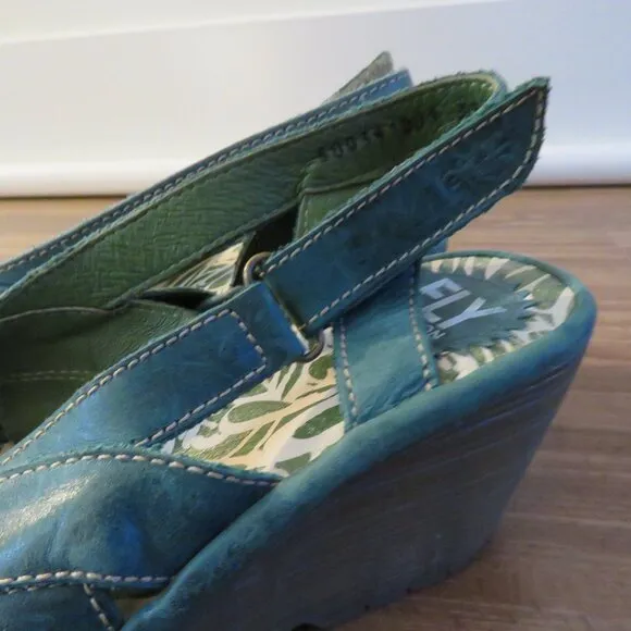 FLY LONDON Leather Yisa Wedge Sandals in Forest Green Sz US 6-6.5 / EU 38