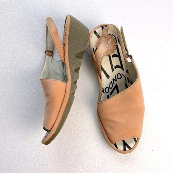 Fly London Palp Slingback Sandals Leather Wedge Low Heel Rose Pink 7-7.5