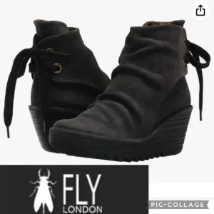 FLY London Women's Black Velvet Yama Ankle wedge Boot size 10