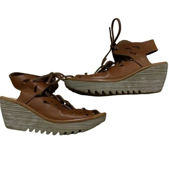 FLY London Women's Leather Lace Up Wedges Yote Brown 36 (5.5-6) shoes sandals