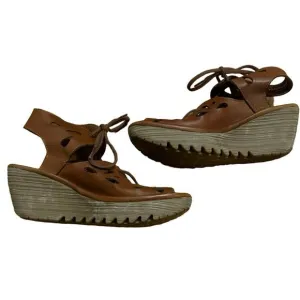 FLY London Women's Leather Lace Up Wedges Yote Brown 36 (5.5-6) shoes sandals