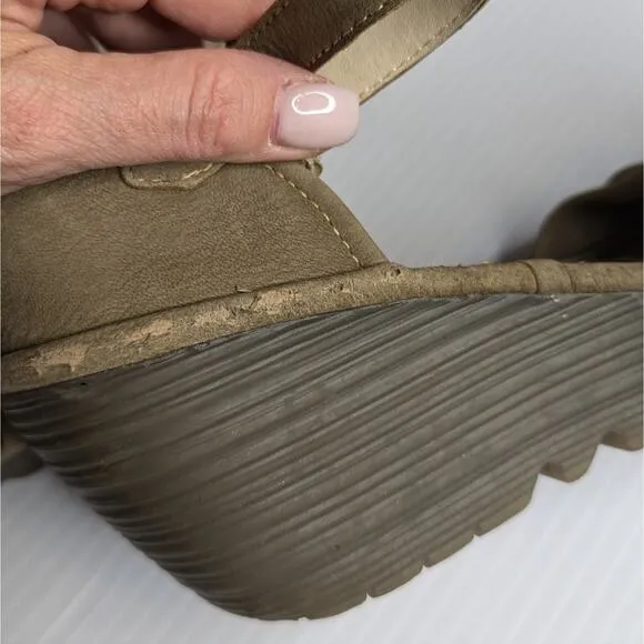 Fly London Yoel Khaki Cupido Suede Leather Ankle Wedge Strap Sandals 39/ 8.5