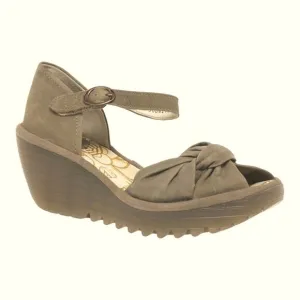 Fly London Yoel Khaki Cupido Suede Leather Ankle Wedge Strap Sandals 39/ 8.5