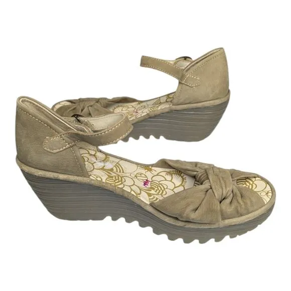 Fly London Yoel Khaki Cupido Suede Leather Ankle Wedge Strap Sandals 39/ 8.5