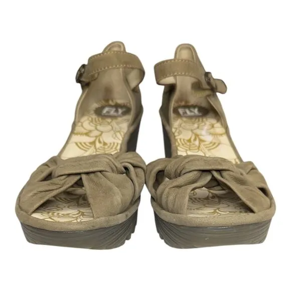 Fly London Yoel Khaki Cupido Suede Leather Ankle Wedge Strap Sandals 39/ 8.5