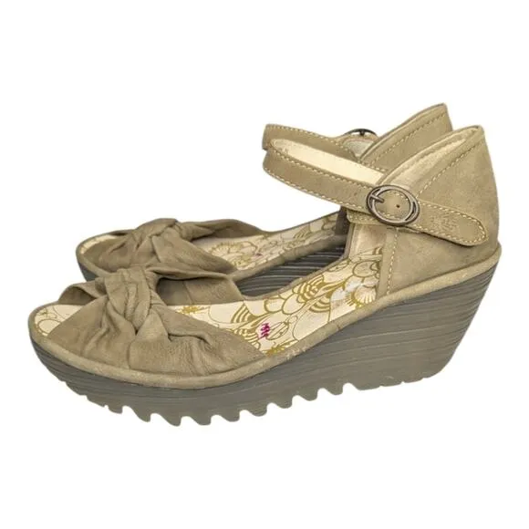 Fly London Yoel Khaki Cupido Suede Leather Ankle Wedge Strap Sandals 39/ 8.5